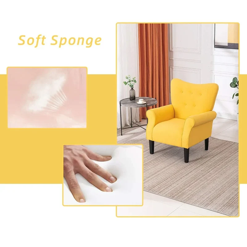Fauteuil d'appoint moderne Erommy, fauteuil à dossier haut, canapé simple en tissu rembourré avec boutons et pieds en bois pour salon