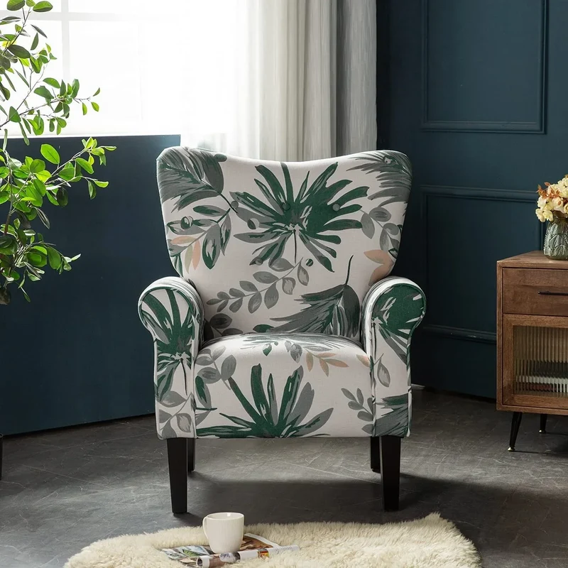Fauteuil d'appoint moderne Erommy, fauteuil à dossier haut, canapé simple en tissu rembourré avec boutons et pieds en bois pour salon