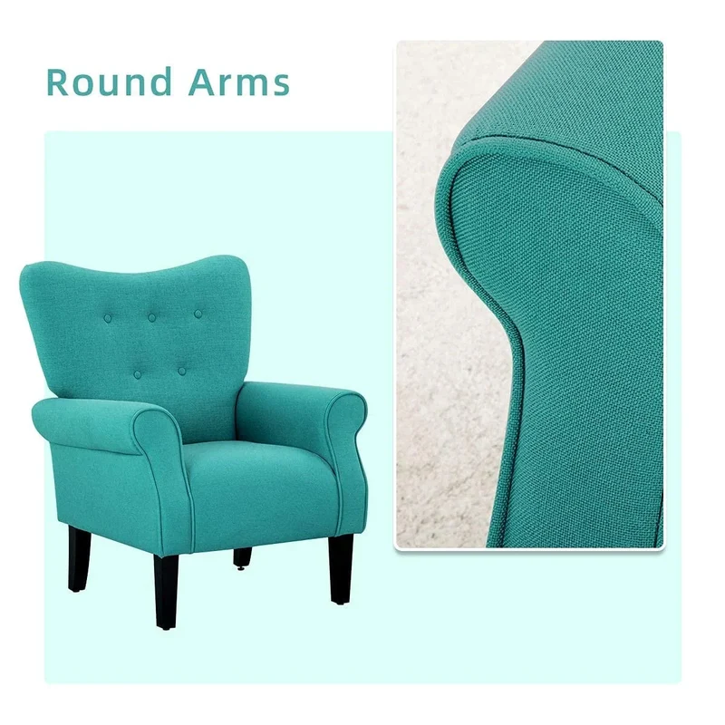 Fauteuil d'appoint moderne Erommy, fauteuil à dossier haut, canapé simple en tissu rembourré avec boutons et pieds en bois pour salon