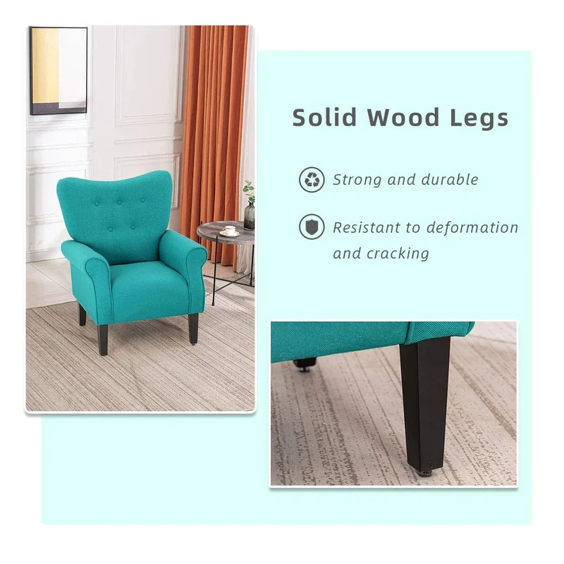 Fauteuil d'appoint moderne Erommy, fauteuil à dossier haut, canapé simple en tissu rembourré avec boutons et pieds en bois pour salon