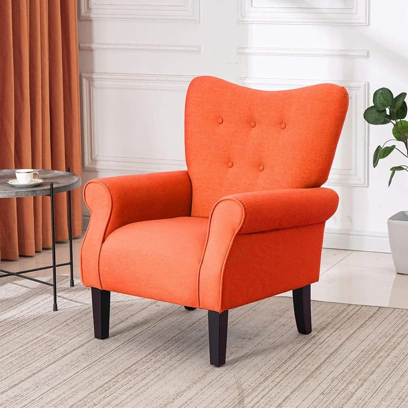 Fauteuil d'appoint moderne Erommy, fauteuil à dossier haut, canapé simple en tissu rembourré avec boutons et pieds en bois pour salon