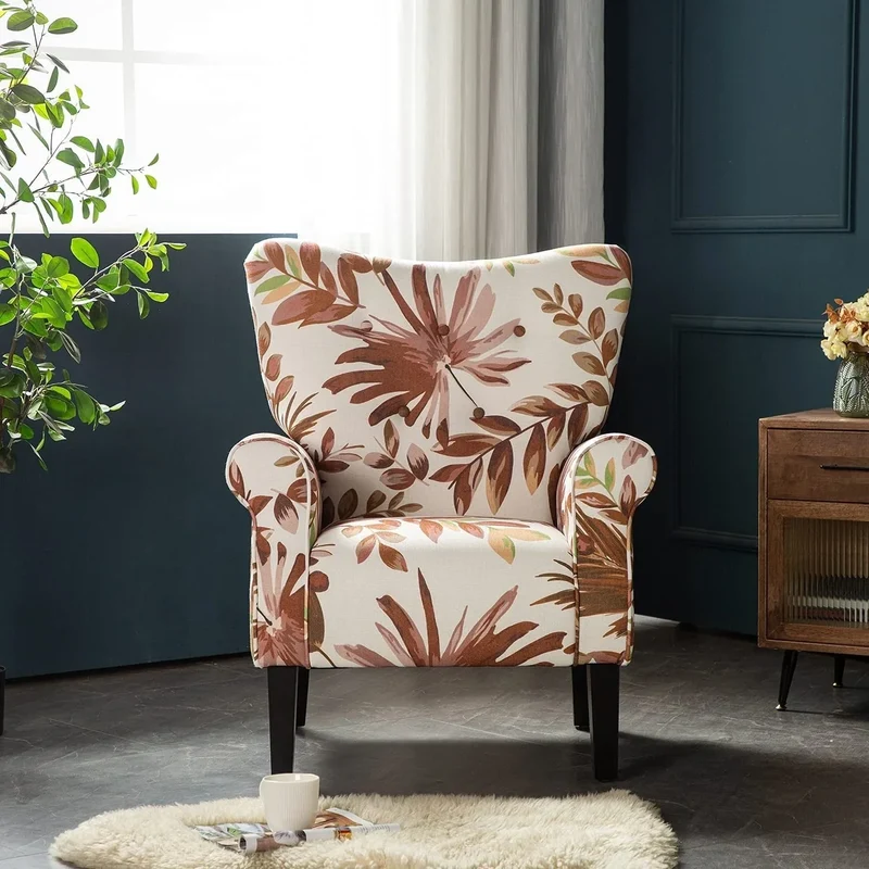 Fauteuil d'appoint moderne Erommy, fauteuil à dossier haut, canapé simple en tissu rembourré avec boutons et pieds en bois pour salon