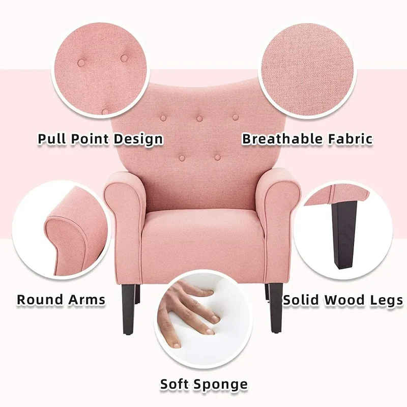 Fauteuil d'appoint moderne Erommy, fauteuil à dossier haut, canapé simple en tissu rembourré avec boutons et pieds en bois pour salon
