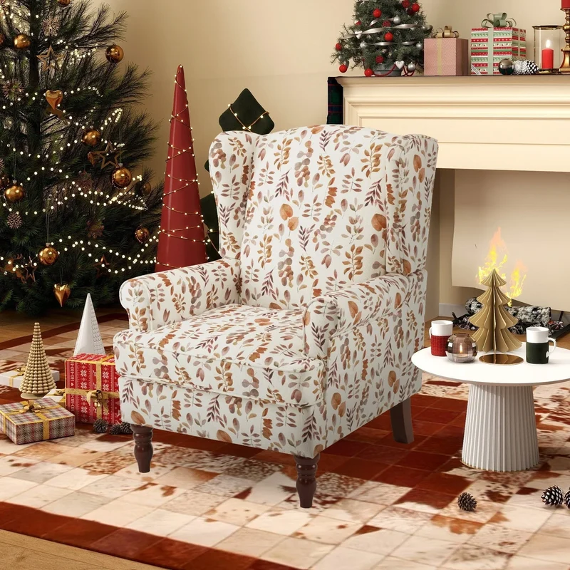 Fauteuil d'appoint moderne Erommy, fauteuil à dossier haut, canapé simple en tissu rembourré avec boutons et pieds en bois pour salon