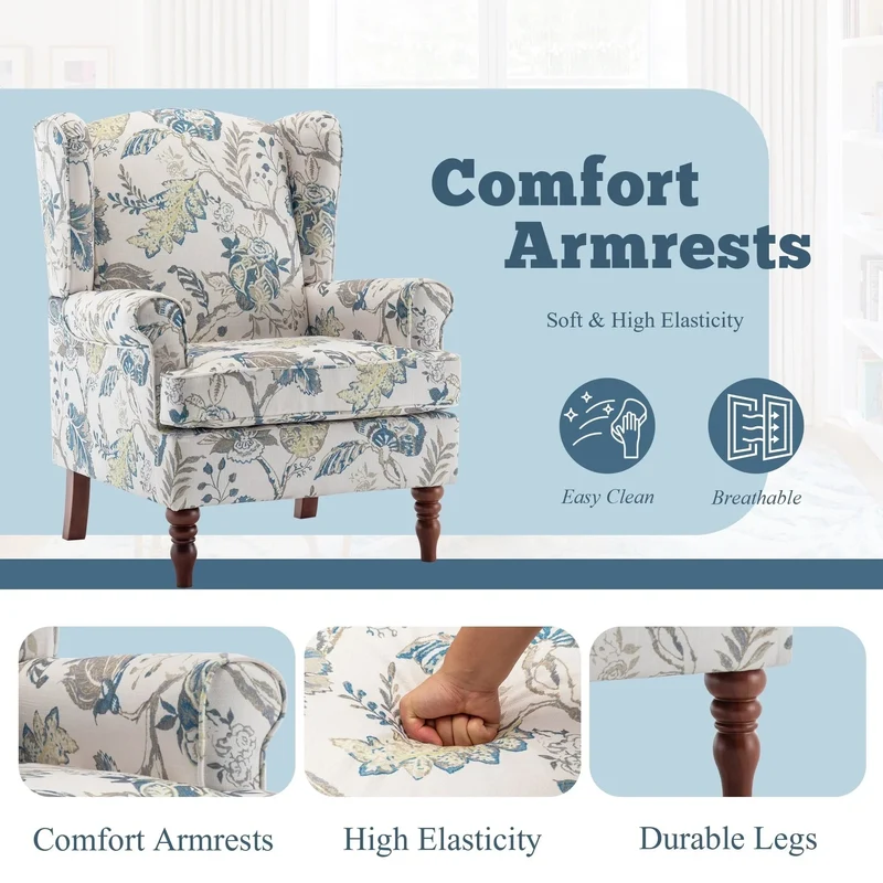 Fauteuil d'appoint moderne Erommy, fauteuil à dossier haut, canapé simple en tissu rembourré avec boutons et pieds en bois pour salon