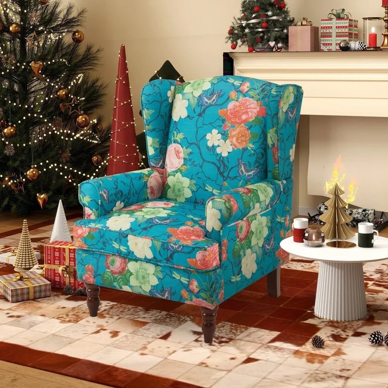 Fauteuil d'appoint moderne Erommy, fauteuil à dossier haut, canapé simple en tissu rembourré avec boutons et pieds en bois pour salon