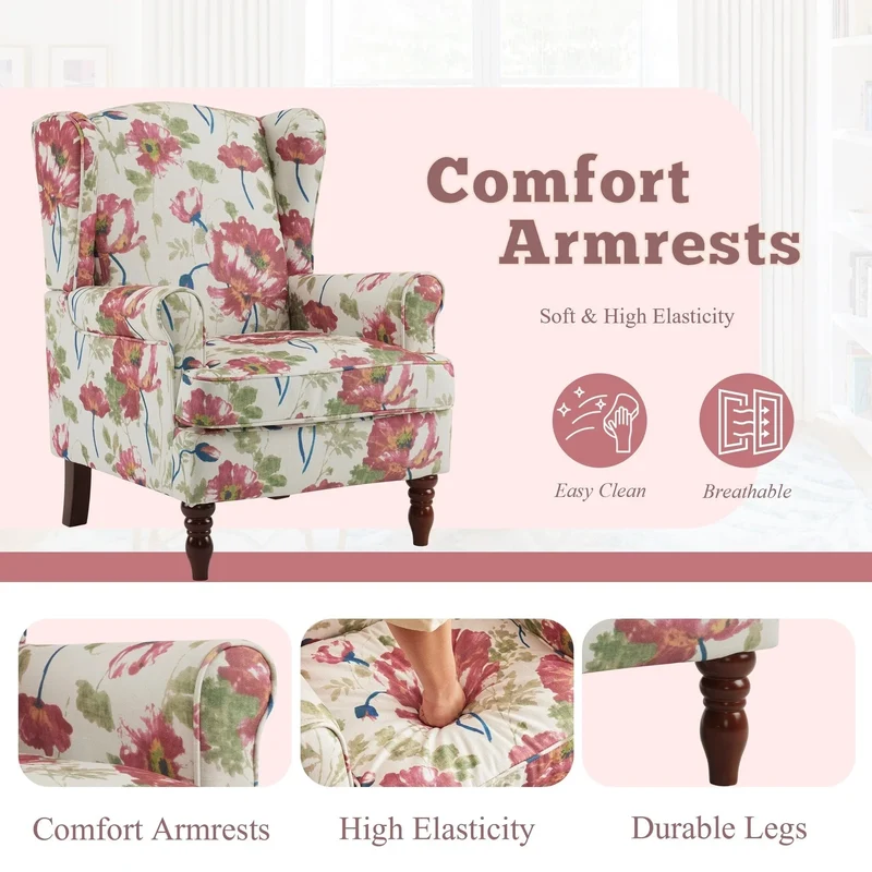 Fauteuil d'appoint moderne Erommy, fauteuil à dossier haut, canapé simple en tissu rembourré avec boutons et pieds en bois pour salon