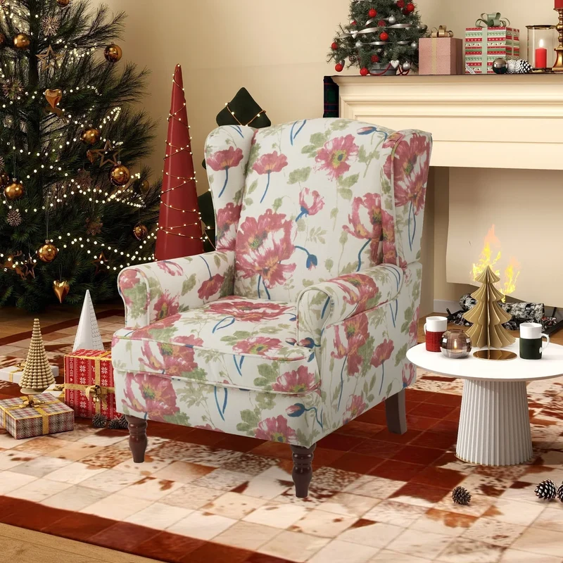 Fauteuil d'appoint moderne Erommy, fauteuil à dossier haut, canapé simple en tissu rembourré avec boutons et pieds en bois pour salon