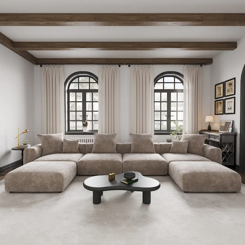Grand canapé modulaire sectionnel en velours côtelé, en forme de U, 4 places avec 2 poufs et 5 oreillers