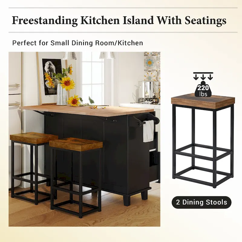 Ensemble d'îlot de cuisine TOPMAX avec abattant et 2 tabourets, ensemble de table à manger avec étagère réglable, tiroirs et porte-serviettes