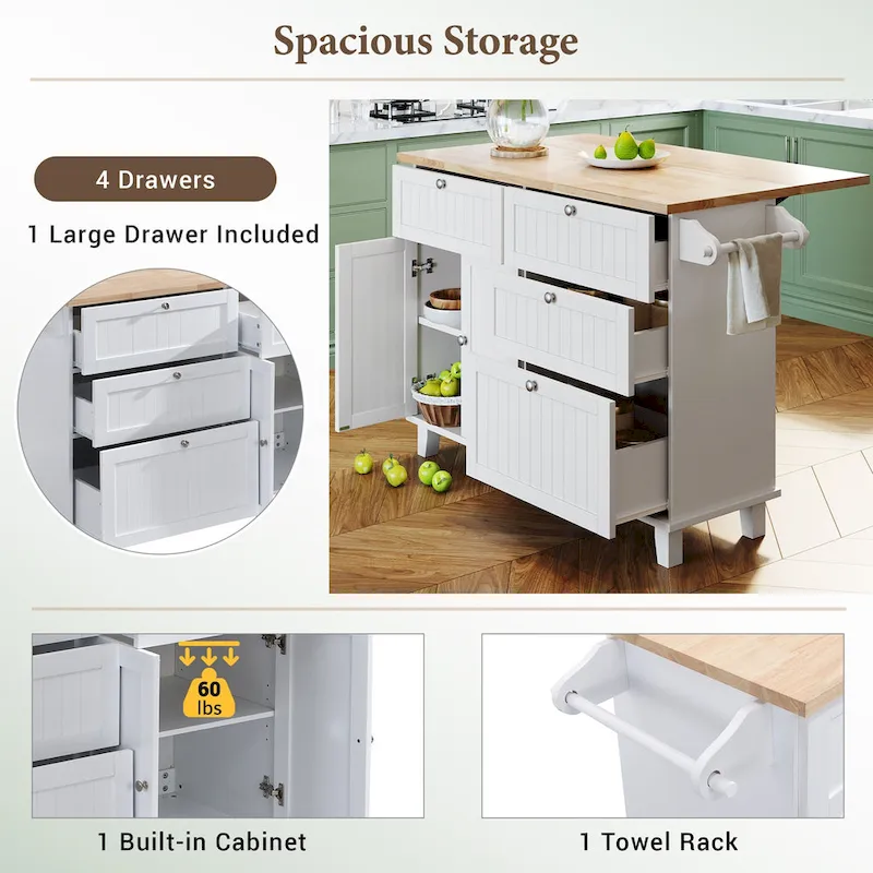 Ensemble d'îlot de cuisine TOPMAX avec abattant et 2 tabourets, ensemble de table à manger avec étagère réglable, tiroirs et porte-serviettes