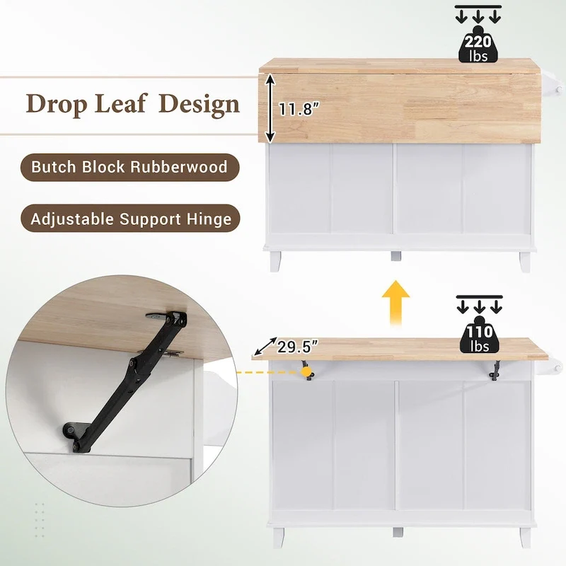 Ensemble d'îlot de cuisine TOPMAX avec abattant et 2 tabourets, ensemble de table à manger avec étagère réglable, tiroirs et porte-serviettes