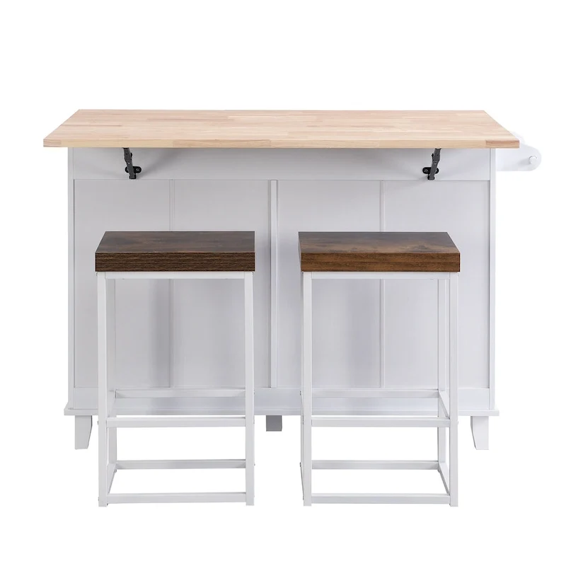 Ensemble d'îlot de cuisine TOPMAX avec abattant et 2 tabourets, ensemble de table à manger avec étagère réglable, tiroirs et porte-serviettes