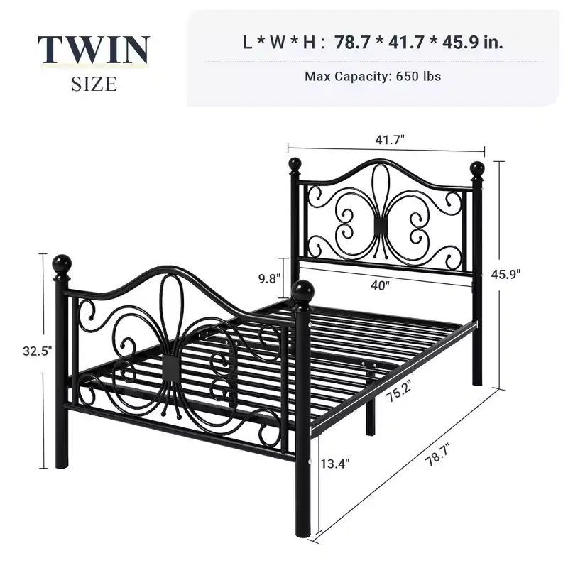 Cadre de lit en métal pour enfants avec tête et pied de lit papillon, aucun sommier tapissier requis