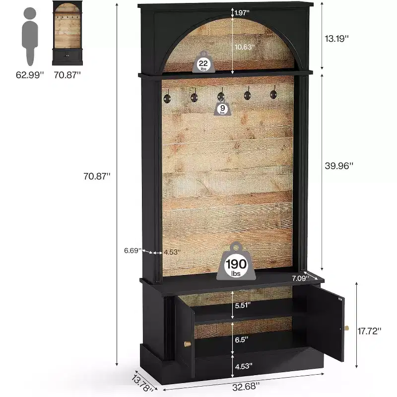 Lantine 70.86 Meuble d'entrée avec banc, rangement d'entrée 4-en-1 : porte-manteau, étagère à chaussures, banc de vestiaire pour couloir