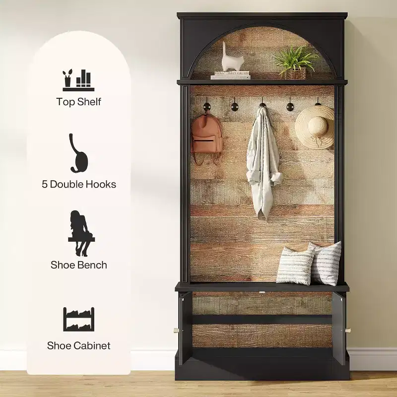 Lantine 70.86 Meuble d'entrée avec banc, rangement d'entrée 4-en-1 : porte-manteau, étagère à chaussures, banc de vestiaire pour couloir