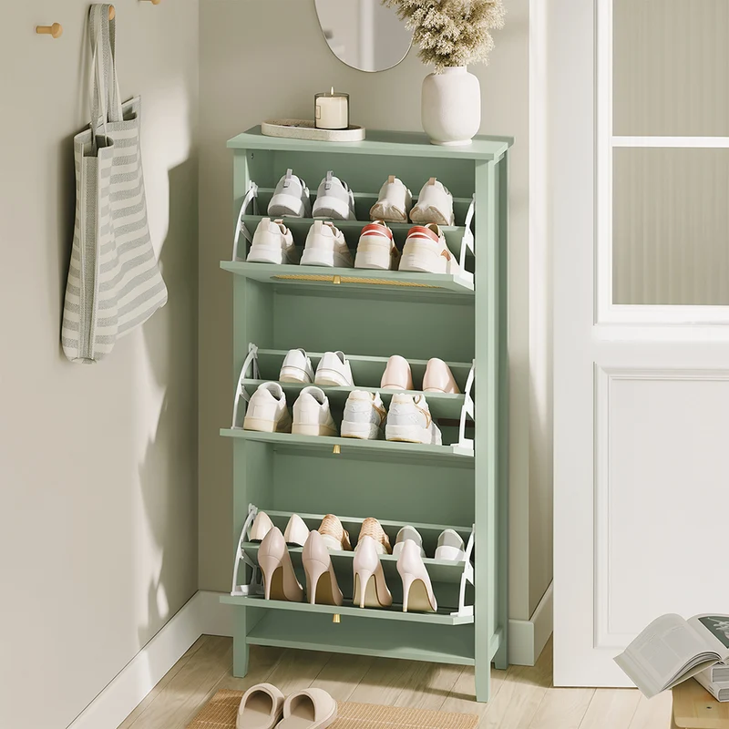 SoBuy | Schuhschrank schmal hoch mit 3 Klapptüren Grün | FSR222-GR