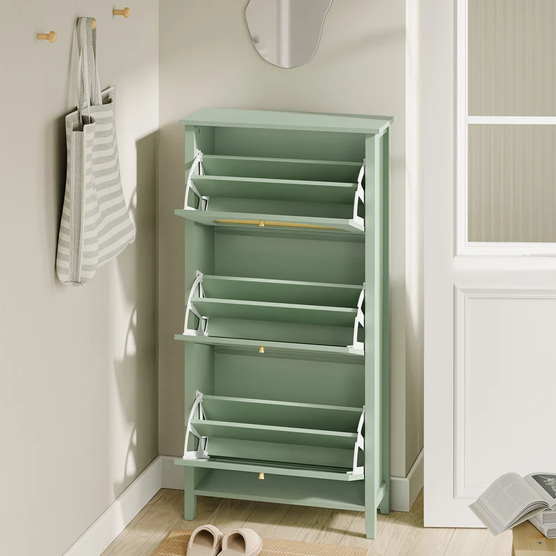 SoBuy | Schuhschrank schmal hoch mit 3 Klapptüren Grün | FSR222-GR