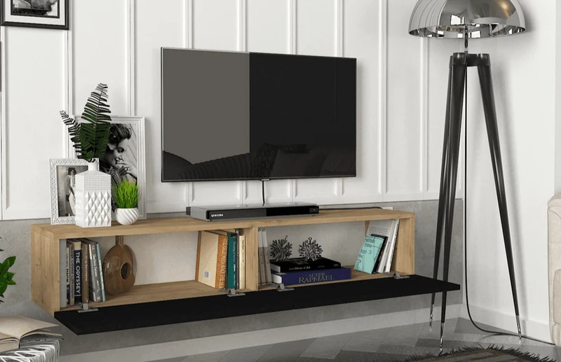 Stand TV Suspendu IRIS 135cm - Chêne et Noir - Ameublement d'intérieur Maroc