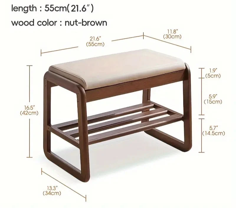 Banquette d'Entrée en Bois Massif de Style Vintage avec Pouf en Similicuir