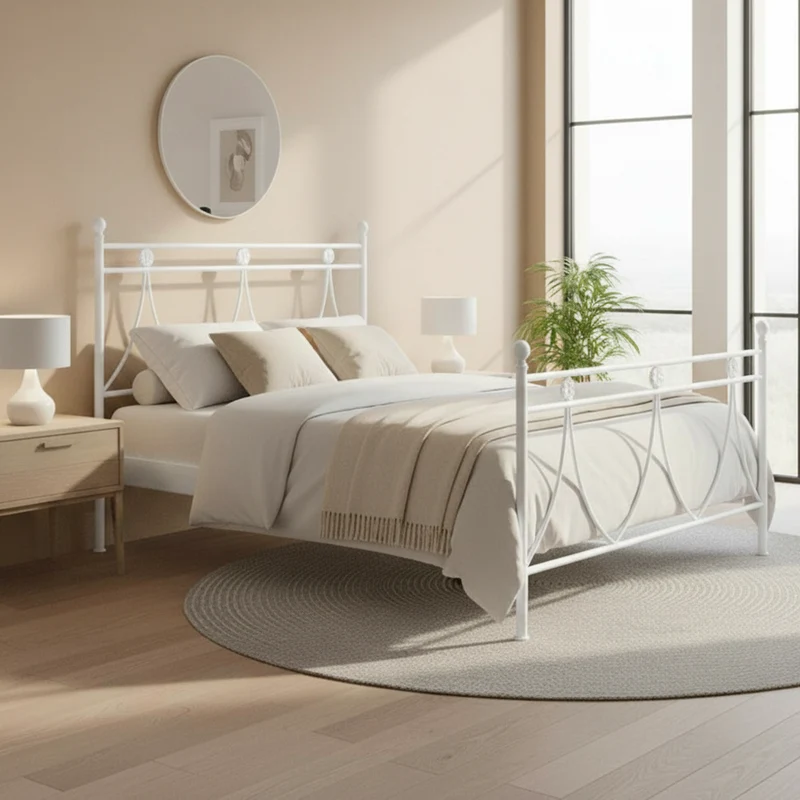 Letto una piazza e mezza in ferro con decoro floreale bianco opaco 130x200 cm. Melissa