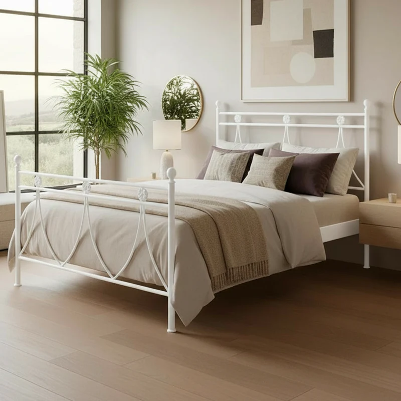 Letto una piazza e mezza in ferro con decoro floreale bianco opaco 130x200 cm. Melissa