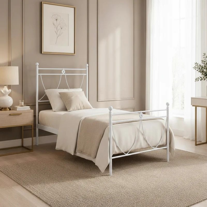 Letto singolo in ferro con decoro floreale bianco opaco 90x200 cm. Melissa