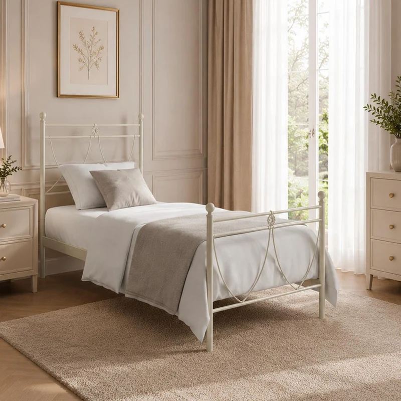 Letto singolo in ferro con decoro floreale bianco opaco 90x200 cm. Melissa