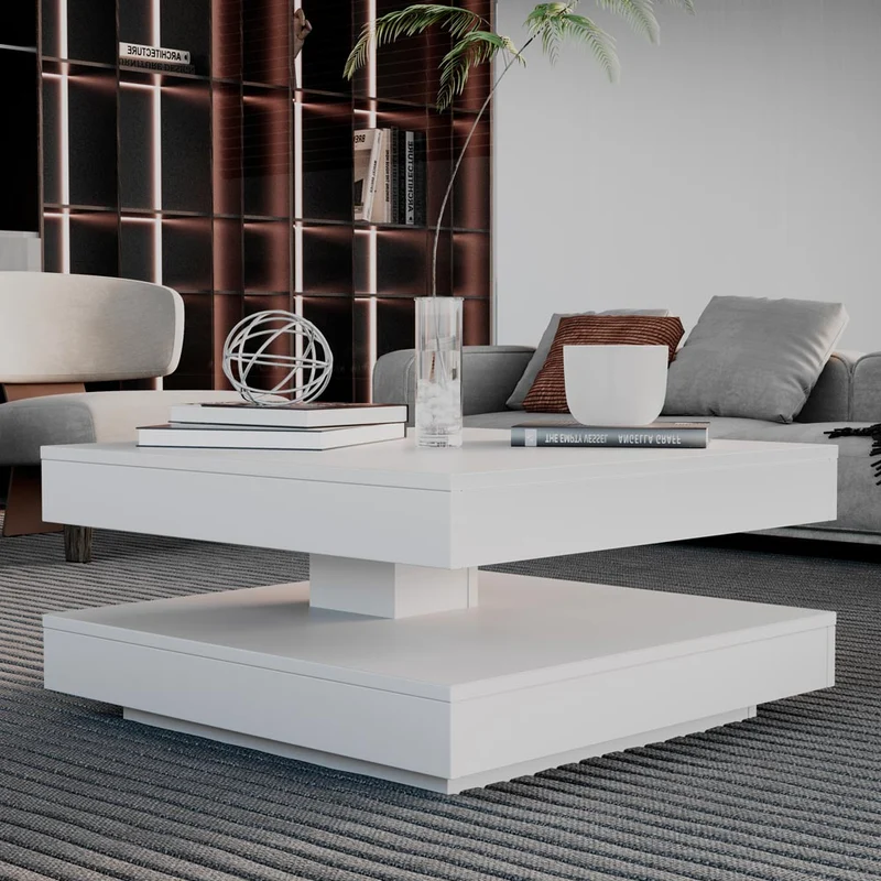 Tavolino da salotto con doppio piano quadrato girevole bianco 67x67 cm Monolith