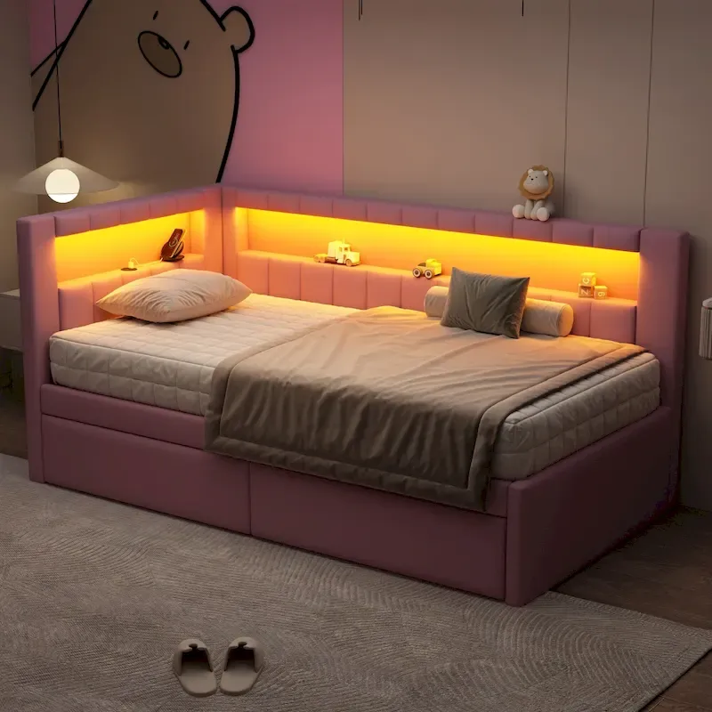 Lit plateforme rembourré avec ports USB et éclairage LED - Cadre de lit double/simple avec 2 tiroirs de rangement - Chambre à coucher moderne