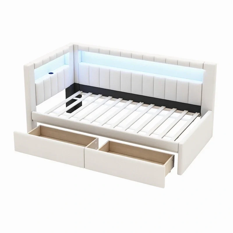 Lit plateforme rembourré avec ports USB et éclairage LED - Cadre de lit double/simple avec 2 tiroirs de rangement - Chambre à coucher moderne