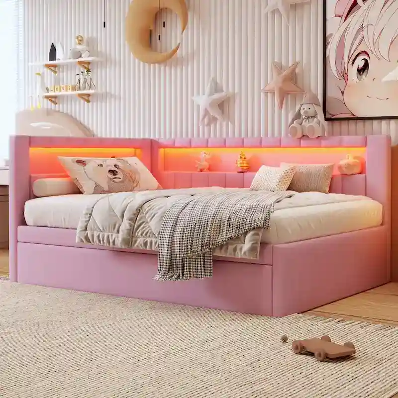 Lit plateforme rembourré avec ports USB et éclairage LED - Cadre de lit double/simple avec 2 tiroirs de rangement - Chambre à coucher moderne