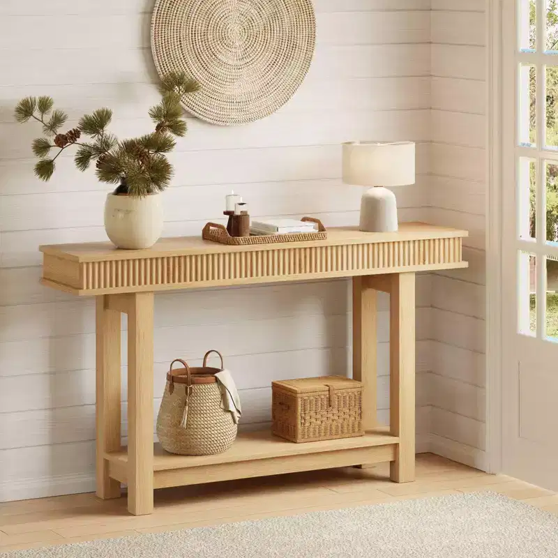 Console en bois cannelé de style campagnard, 2 niveaux avec étagère de rangement, table d'entrée rectangulaire étroite, derrière le canapé, pour hall d'entrée, couloir, salon