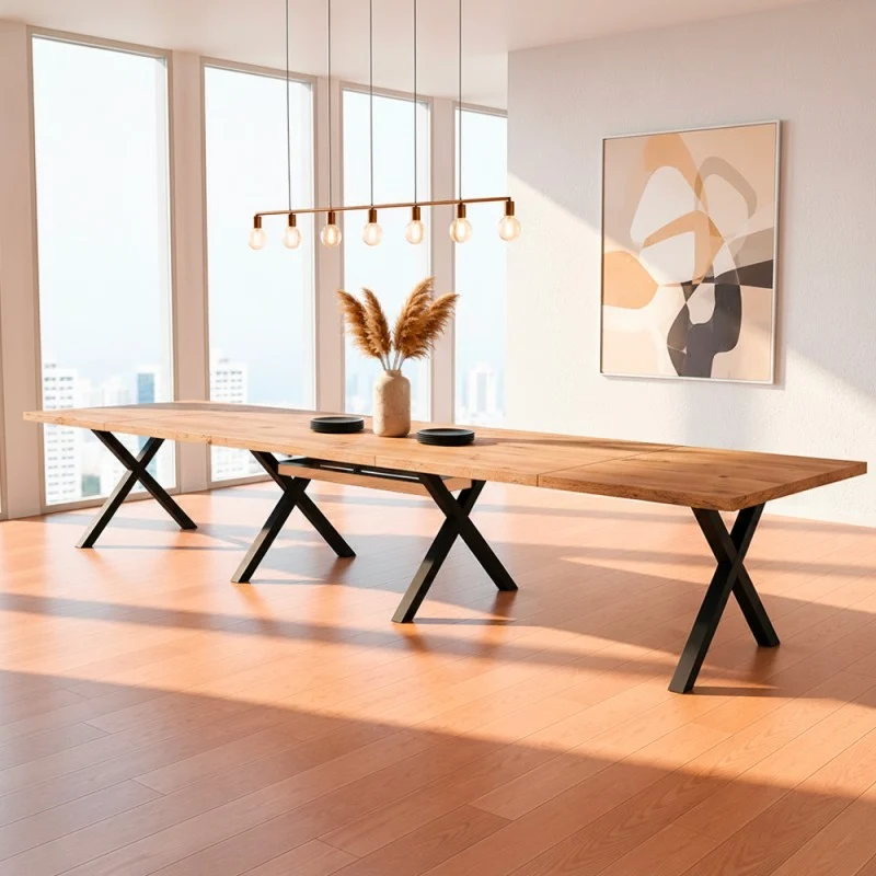 Tavolo allungabile 160 cm con piano rovere nodato e gambe incrociate antracite Milonga410