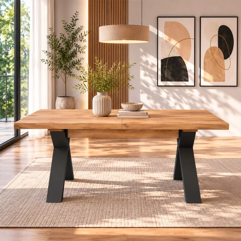 Tavolo allungabile 160 cm con piano rovere nodato e gambe incrociate antracite Milonga410
