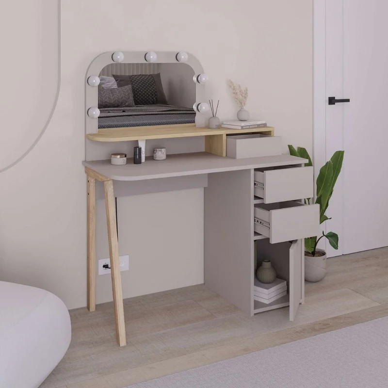 Toeletta da trucco tortora e rovere con specchio e luci LED 105x51.5x131H Avien