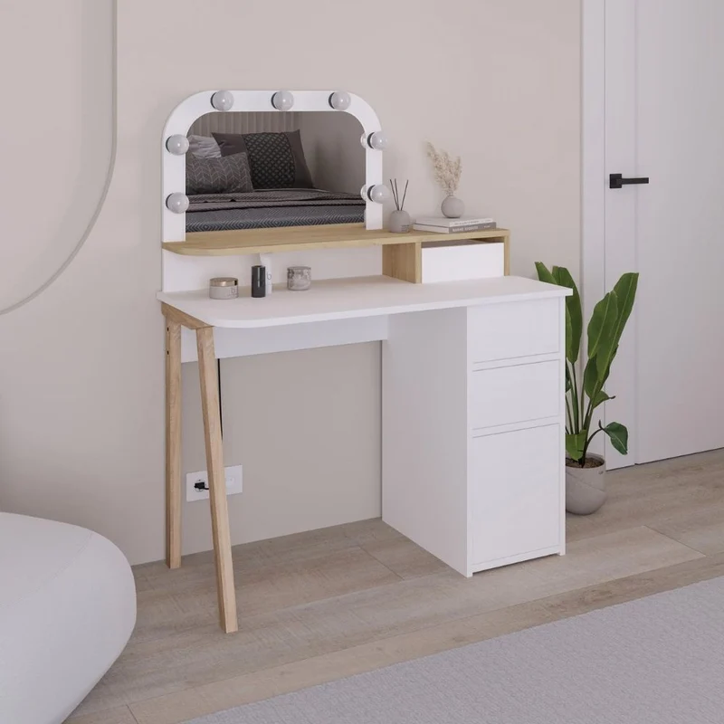 Toeletta da trucco bianco e rovere con specchio e luci LED 105x51.5x131H Avien