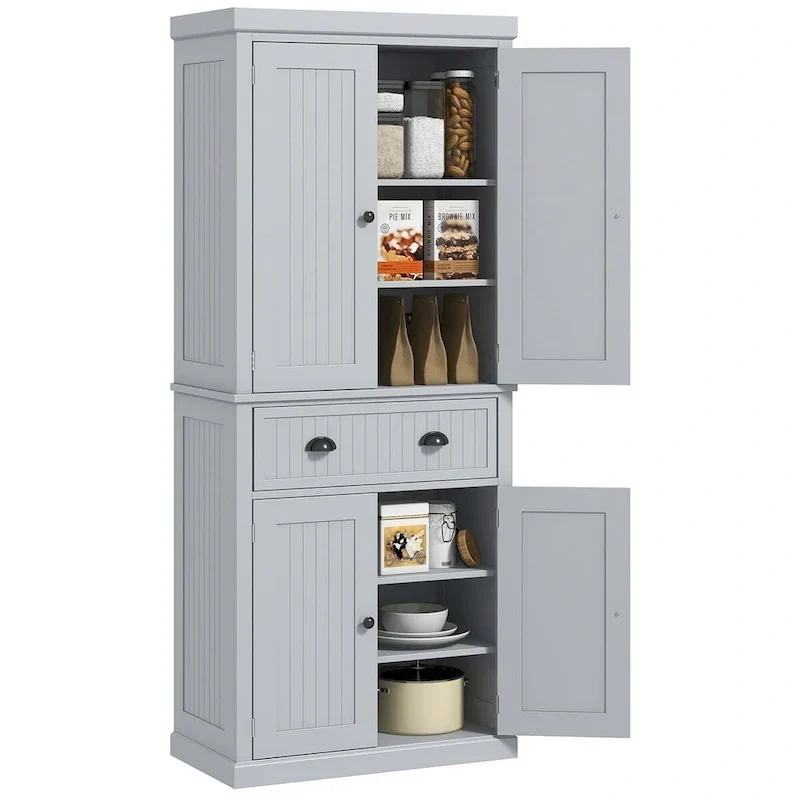Meuble de rangement de cuisine autoportant traditionnel de 72 pouces avec 4 portes et 3 étagères réglables, grand tiroir central