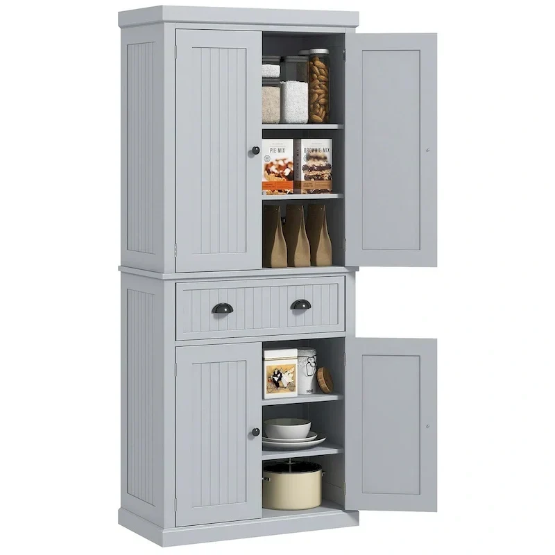 Meuble de rangement de cuisine autoportant traditionnel de 72 pouces avec 4 portes et 3 étagères réglables, grand tiroir central
