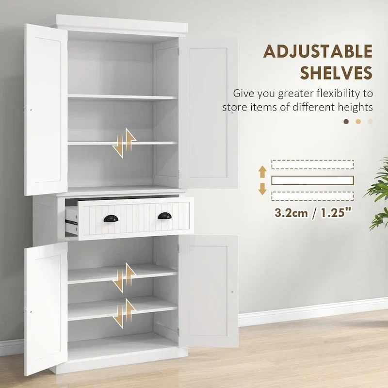 Meuble de rangement de cuisine autoportant traditionnel de 72 pouces avec 4 portes et 3 étagères réglables, grand tiroir central