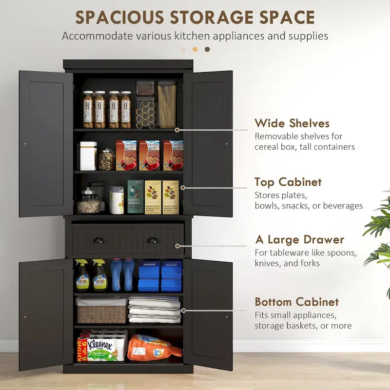 Meuble de rangement de cuisine autoportant traditionnel de 72 pouces avec 4 portes et 3 étagères réglables, grand tiroir central