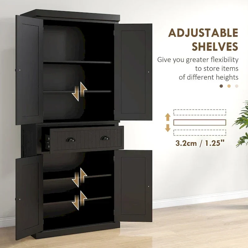 Meuble de rangement de cuisine autoportant traditionnel de 72 pouces avec 4 portes et 3 étagères réglables, grand tiroir central