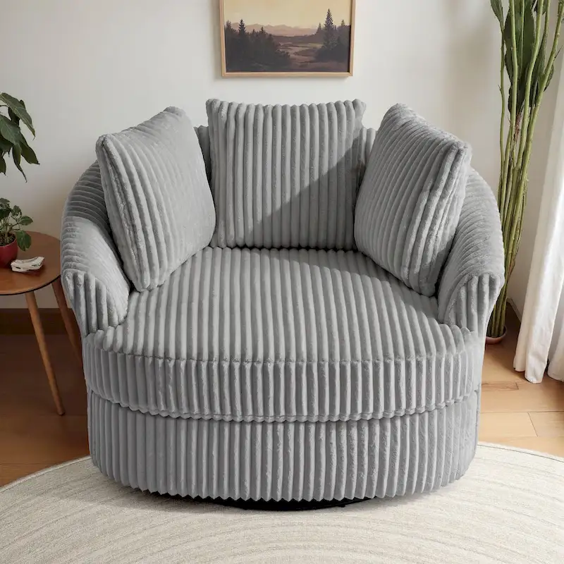Fauteuil pivotant rond surdimensionné en velours côtelé avec accoudoirs encastrés 43 W