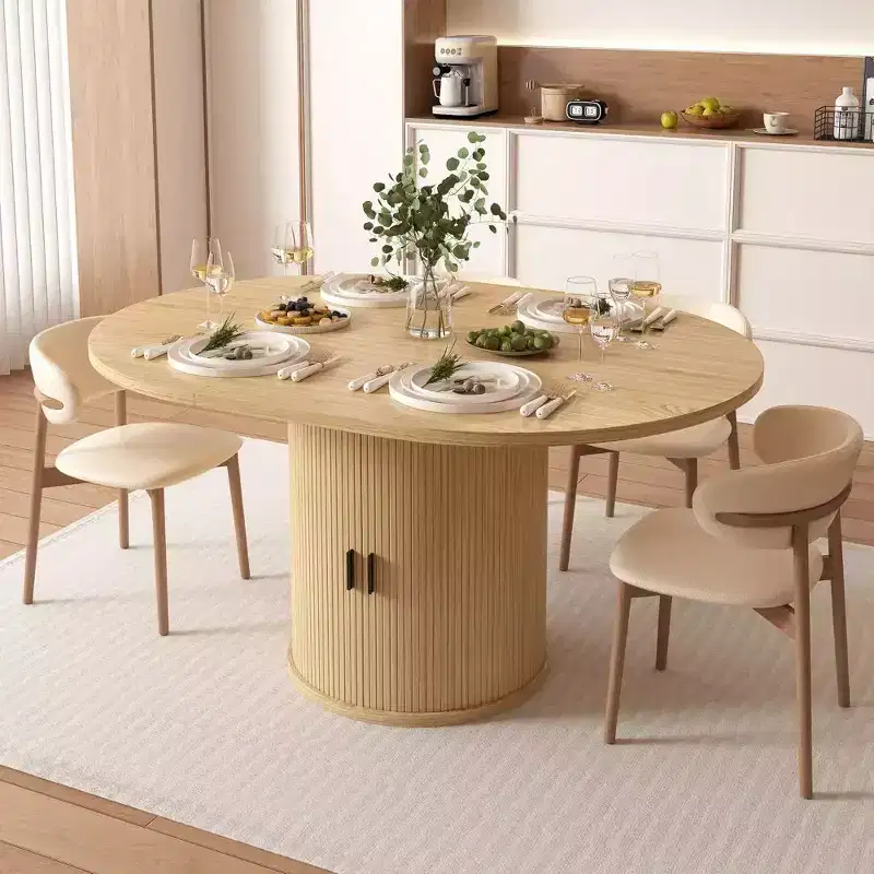 Dyonery 63 Table de salle à manger de cuisine ronde extensible avec étagère de rangement à 2 niveaux, avec base piédestal, meuble de salle à manger ovale en bois, noyer