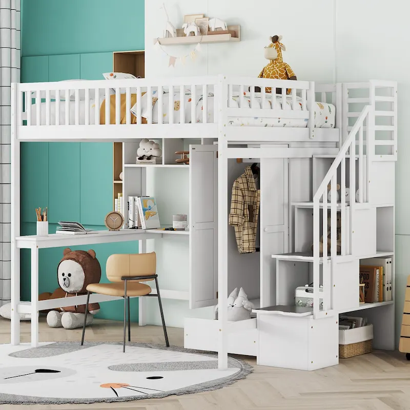 Lit mezzanine en pin avec bureau et rangements