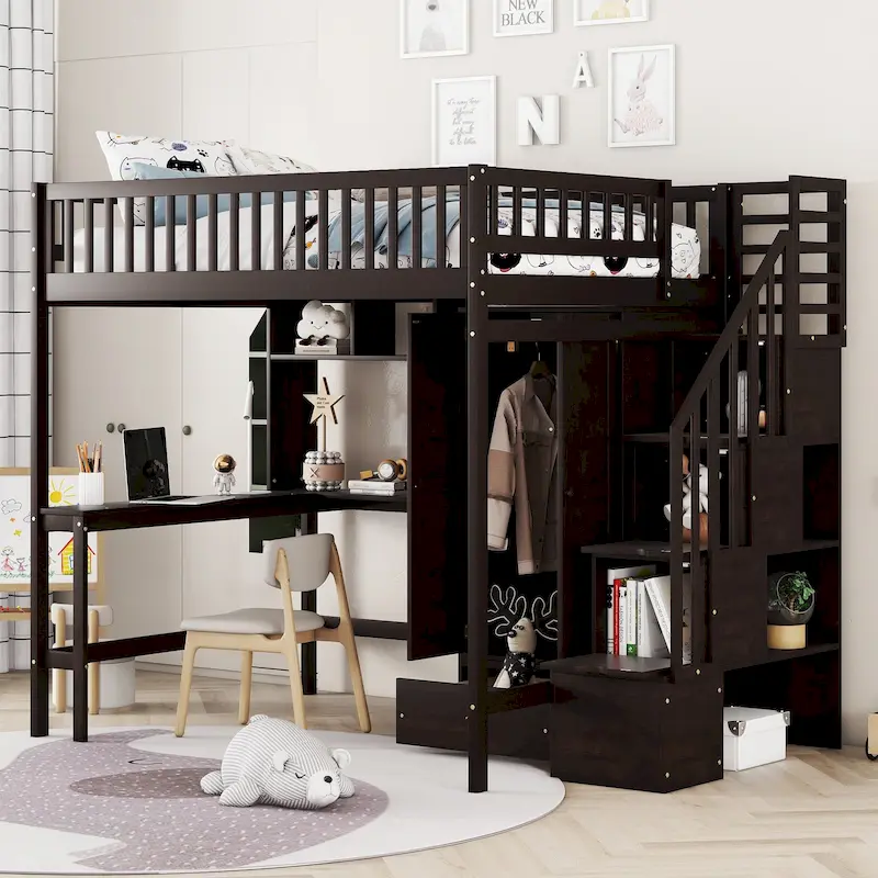 Lit mezzanine en pin avec bureau et rangements