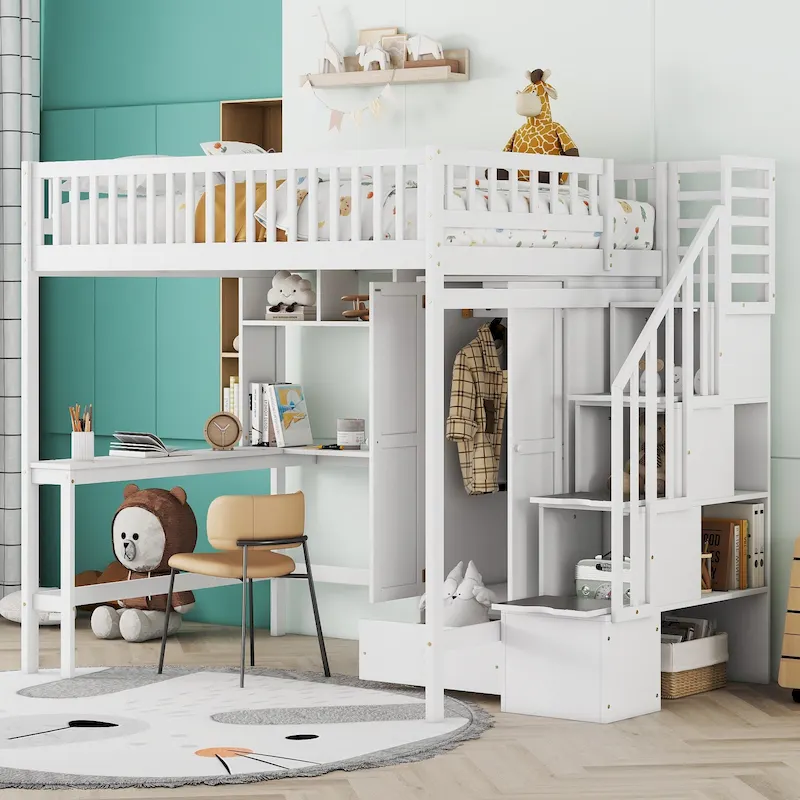Lit mezzanine en pin avec bureau et rangements