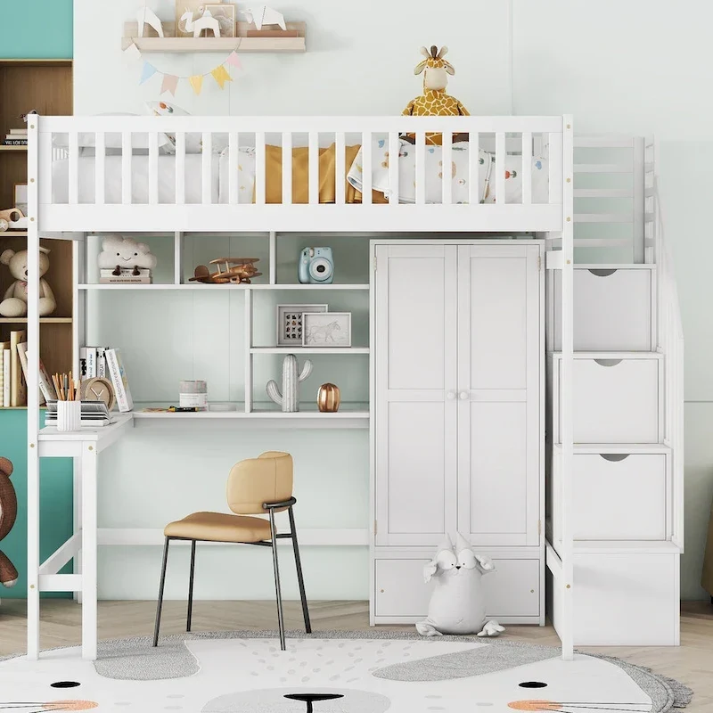 Lit mezzanine en pin avec bureau et rangements