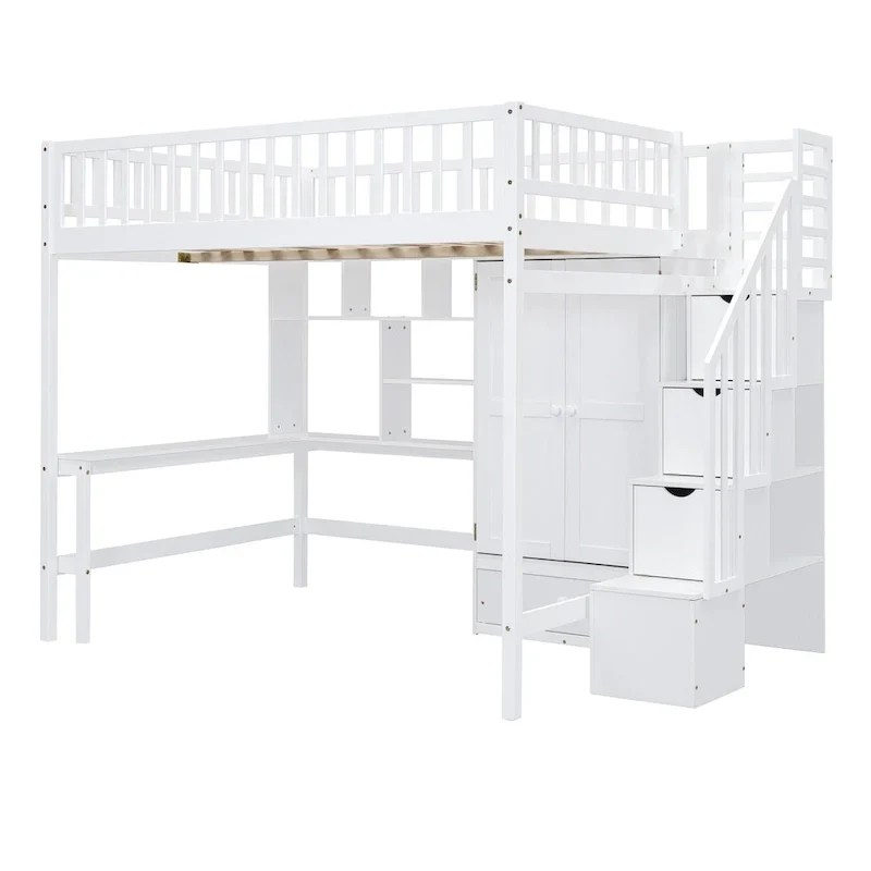 Lit mezzanine en pin avec bureau et rangements