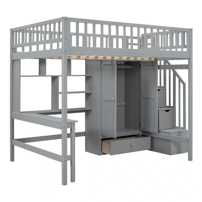 Lit mezzanine en pin avec bureau et rangements